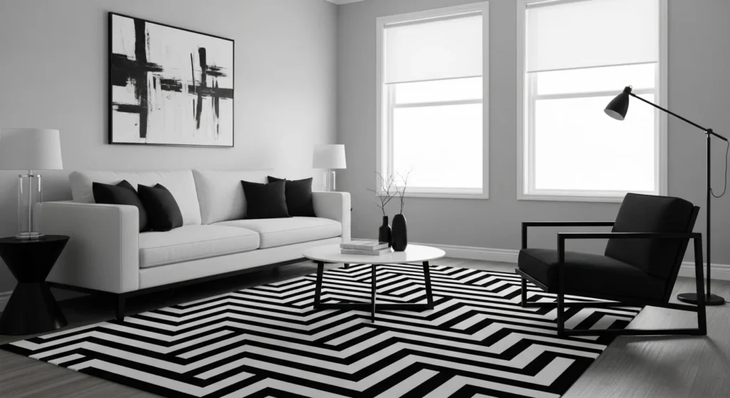 Minimalist parlor with black and white furniture, geometric rug, and sleek décor