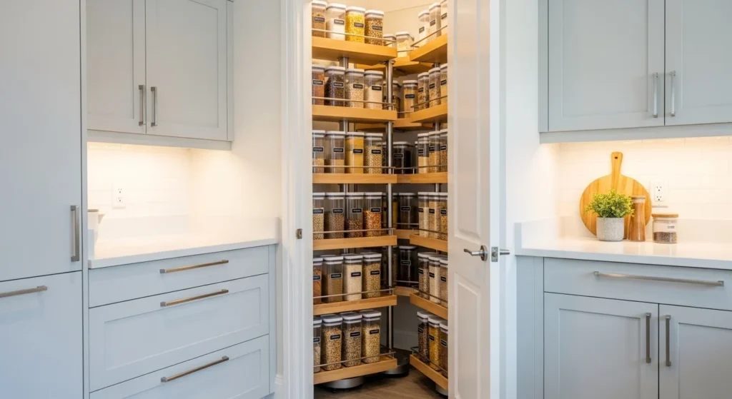 Pantry corner utilizing rotating shelves for maximum storage efficiency