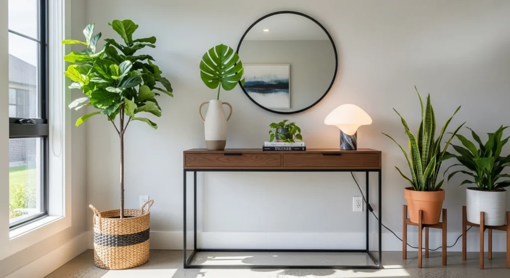 Entryway styled with indoor plants and natural decor elements