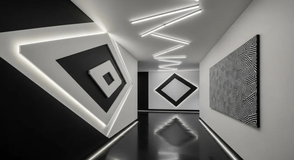 itle: Black and White Modern Hallway
Alt Text: Contemporary hallway with black and white contrast interior design