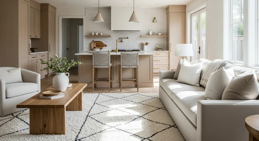 Open kitchen living room styled with textured rugs and soft fabrics in a neutral palette