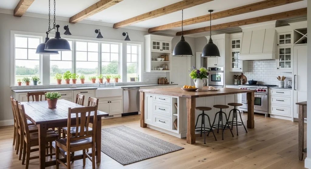 Rustic farmhouse open kitchen with wooden beams and cozy neutral decor