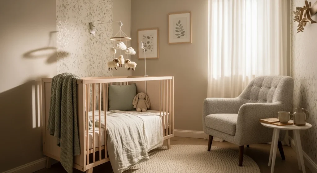 Nursery with soft warm lighting, cozy crib, calm and soothing modern 2026 interior