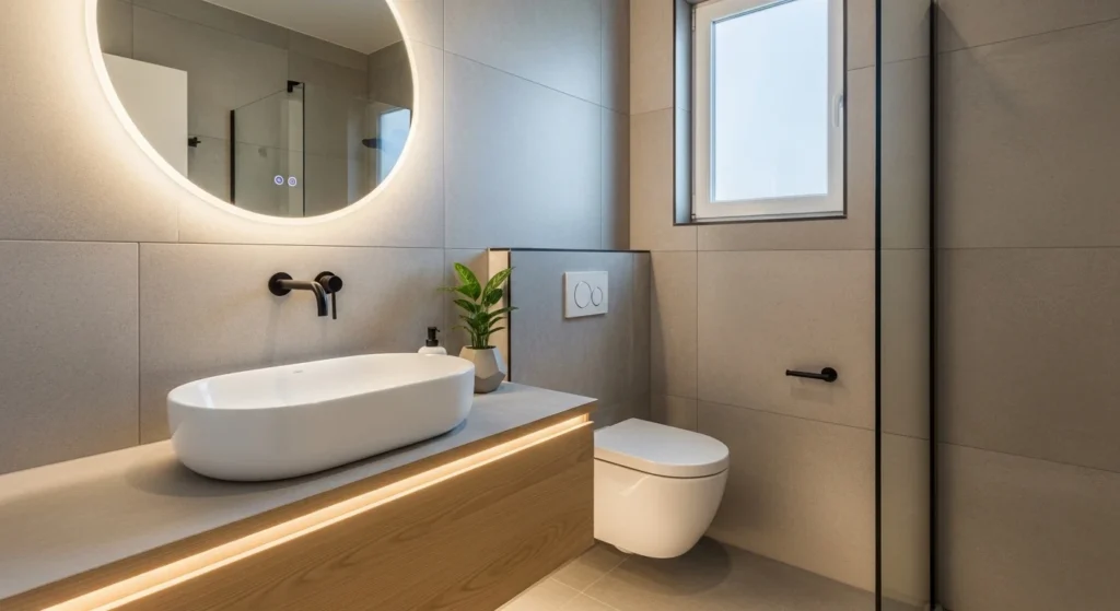 Small bathroom with wall-mounted faucet over vessel sink, sleek modern 2026 interior