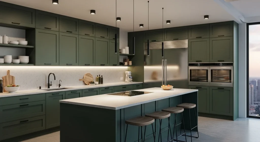Modern kitchen featuring green cabinets with black fixtures and accents