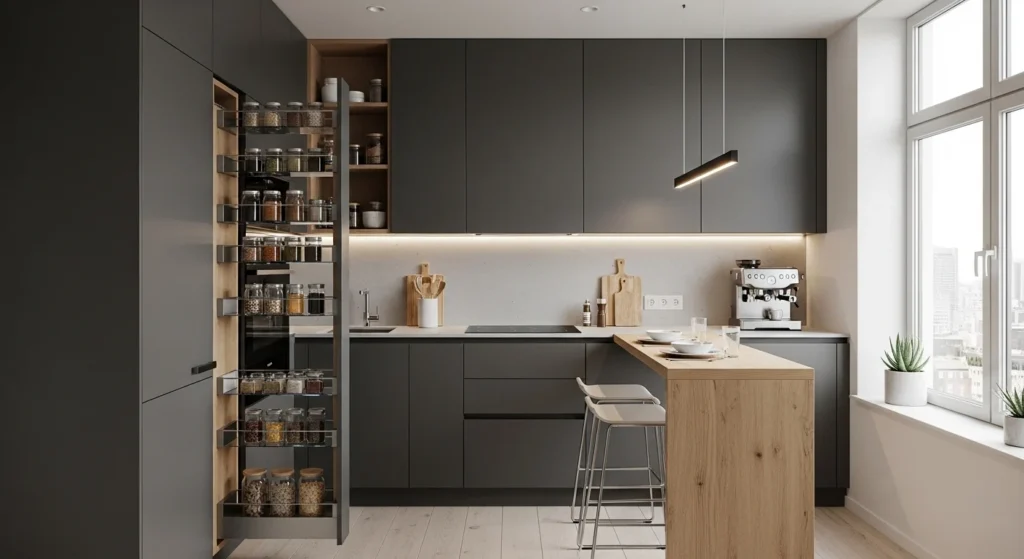 Small apartment kitchen with smart storage and space-saving modern design 2026