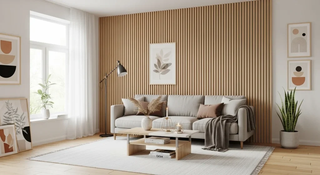 Scandinavian living room with wooden slat feature wall and neutral decor