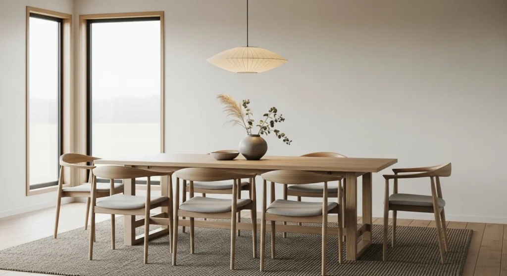 Japandi-inspired dining room with simple table, light wood furniture, and neutral tones