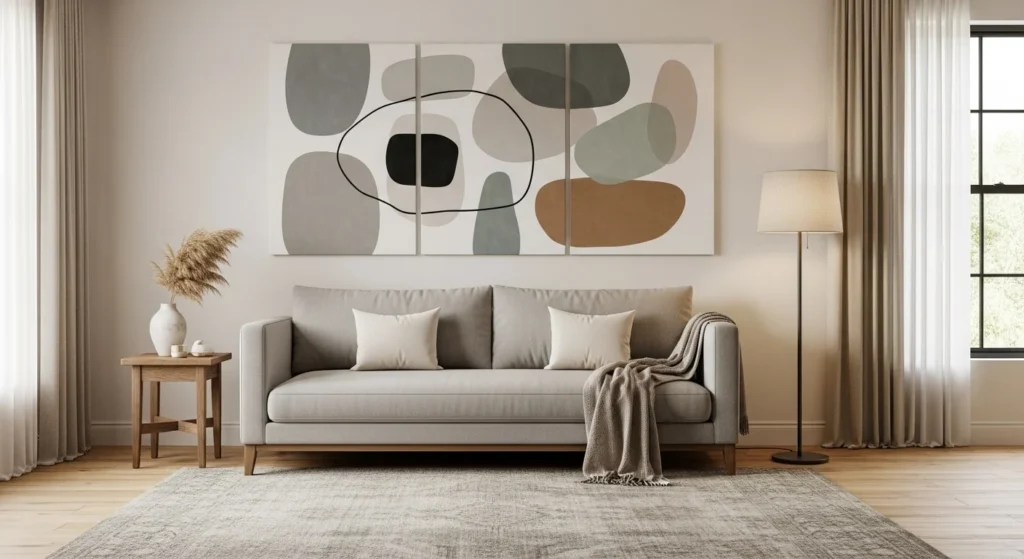 Bright colorful artwork energizing a neutral modern living room space