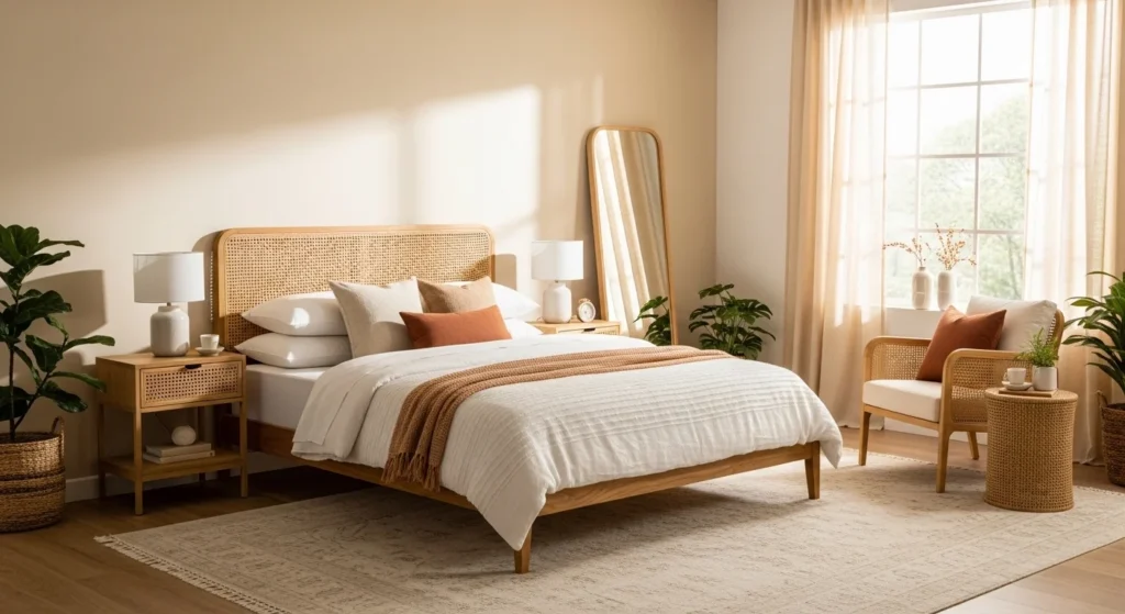Bedroom styled with cane and rattan furniture creating a natural and warm atmosphere