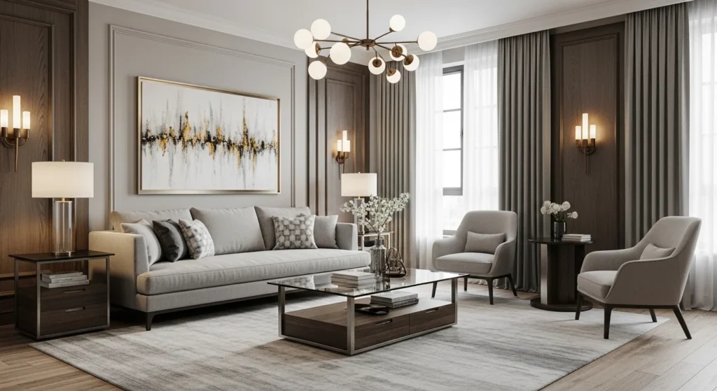Contemporary living room combining wood, metal, and glass furniture in neutral tones for 2026 interiors