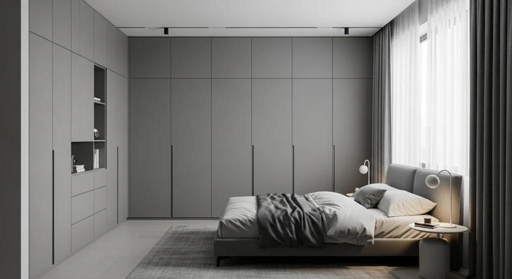 Grey bedroom featuring built-in storage and minimalist furniture for clean 2026 design