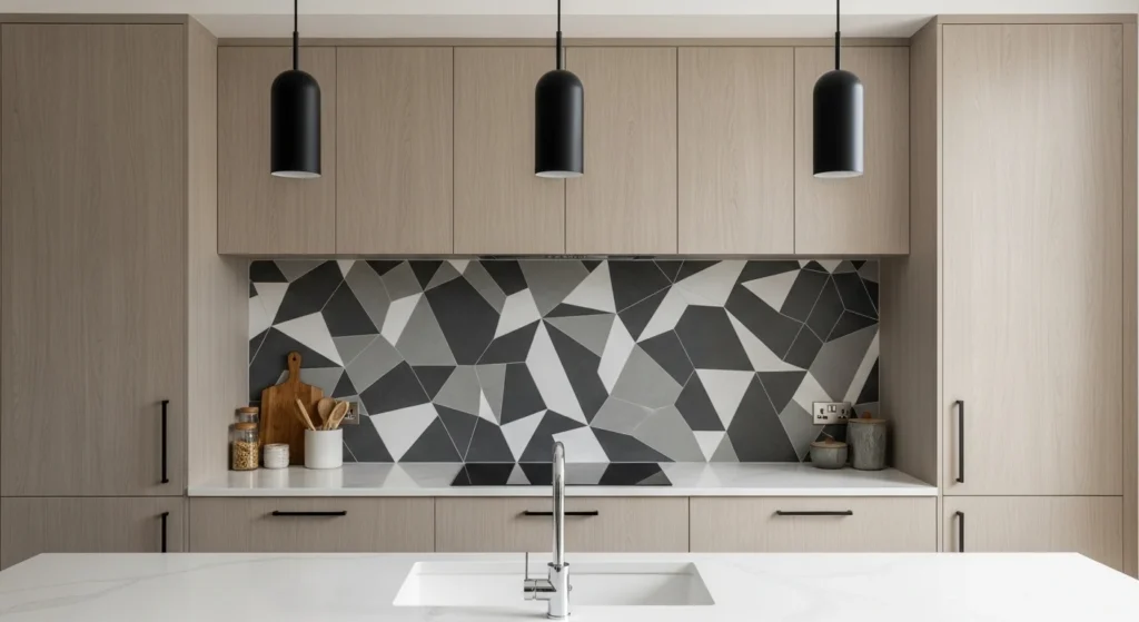 Modern kitchen featuring geometric tile backsplash, neutral cabinets, and sleek countertops in contemporary 2026 style
