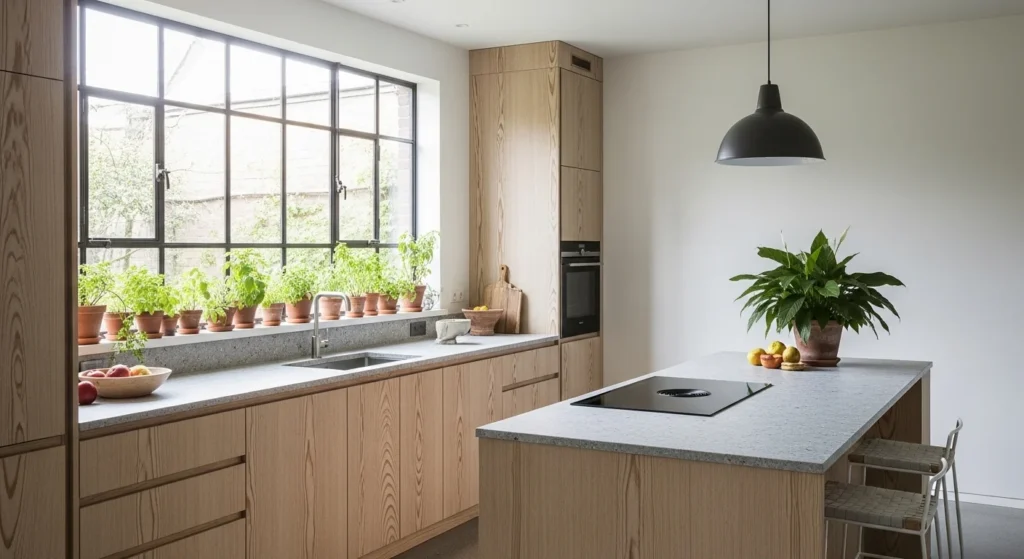 Sustainable kitchen using natural wood and eco-friendly materials
