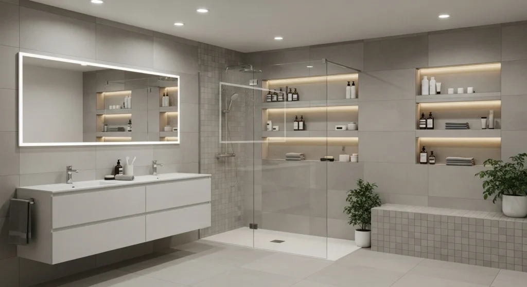modern bathroom with built-in shelves and seamless storage solutions