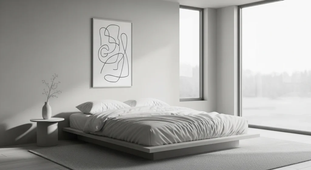 Monochrome minimalist bedroom styled in soft neutral tones with clean and cohesive design