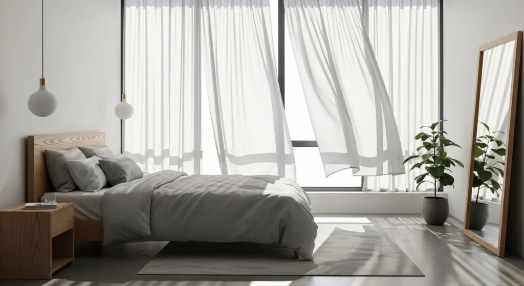 small bedroom with high mounted curtains making ceiling appear taller and room larger