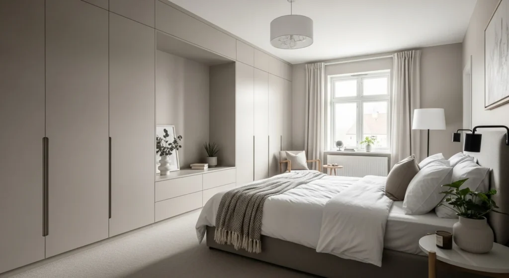 : Modern neutral bedroom featuring built-in cabinets for a clean and organized look.