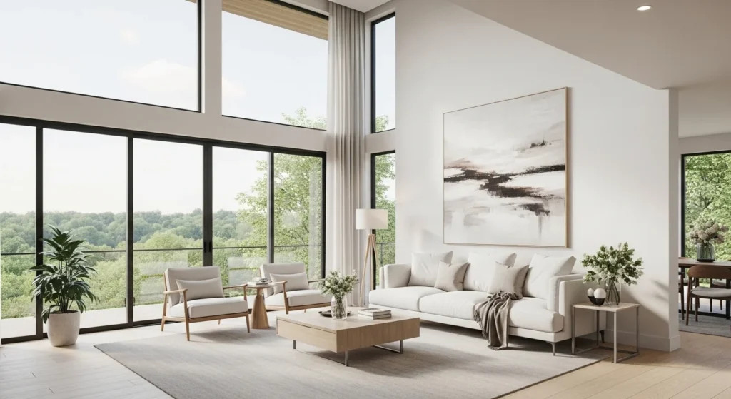 Sunlit white living room with large windows creating an open airy atmosphere