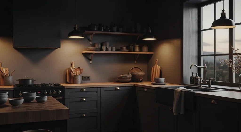 Dark cozy kitchen balanced with warm lighting and wood accents