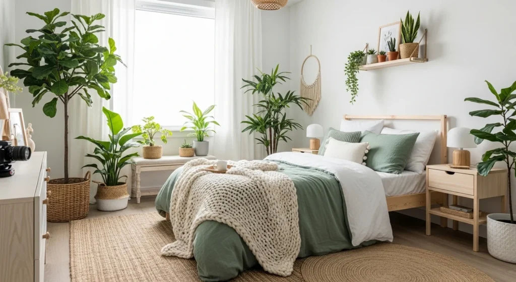 girls bedroom with sage green accents and indoor plants creating fresh atmosphere