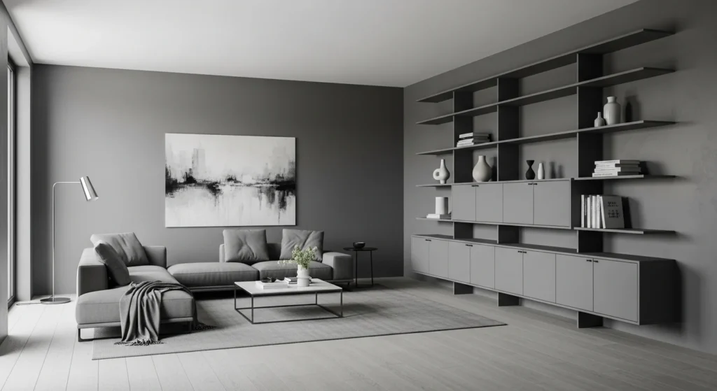 Modern gray living room featuring built-in storage cabinets and clean layout.