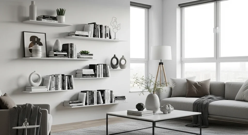 Apartment living room styled with floating shelves for minimalist wall storage