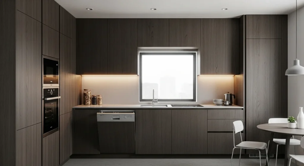 Small kitchen with integrated appliances blending seamlessly into cabinetry