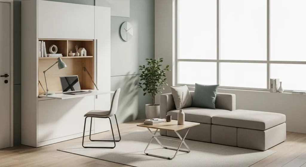 Compact living room featuring foldable furniture for flexible space usage
