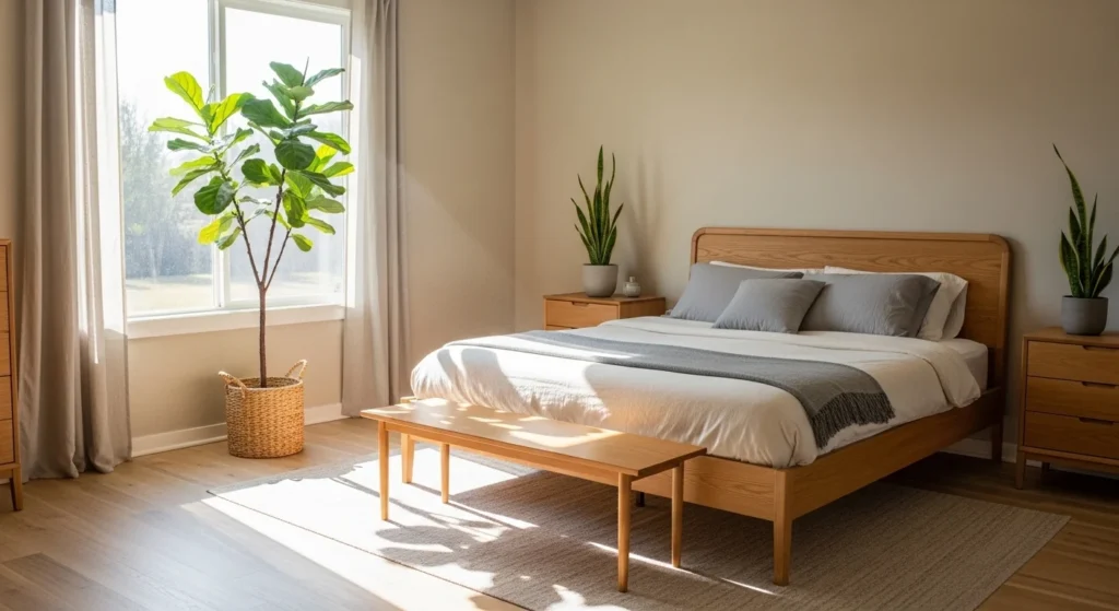 Guest bedroom with indoor plants and natural wooden textures