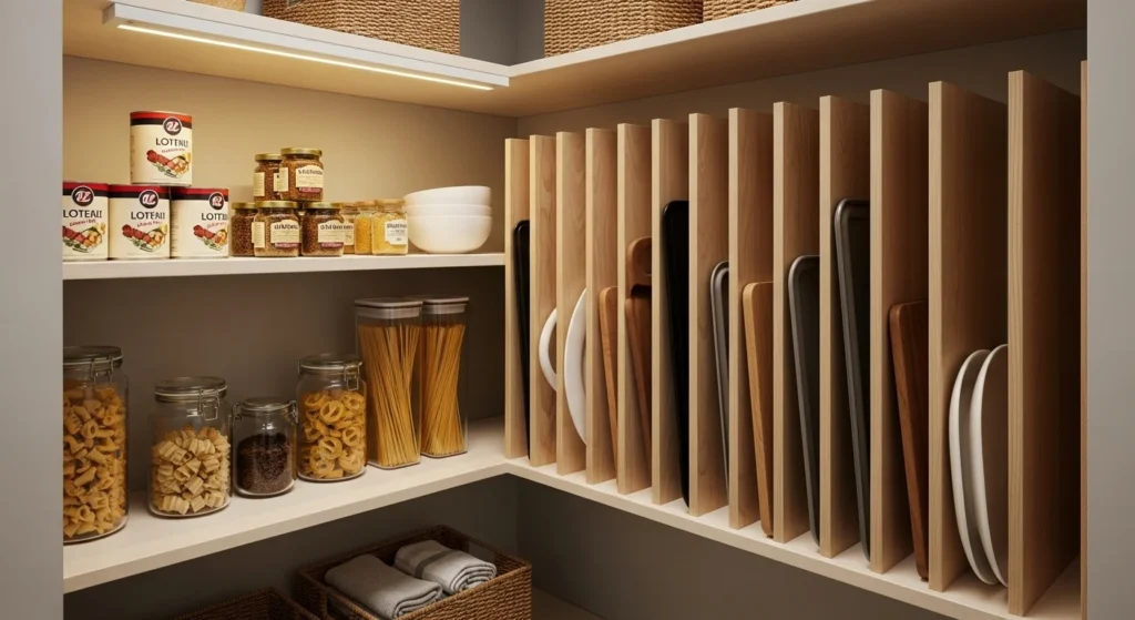 Small pantry using vertical dividers to organize trays and baking sheets