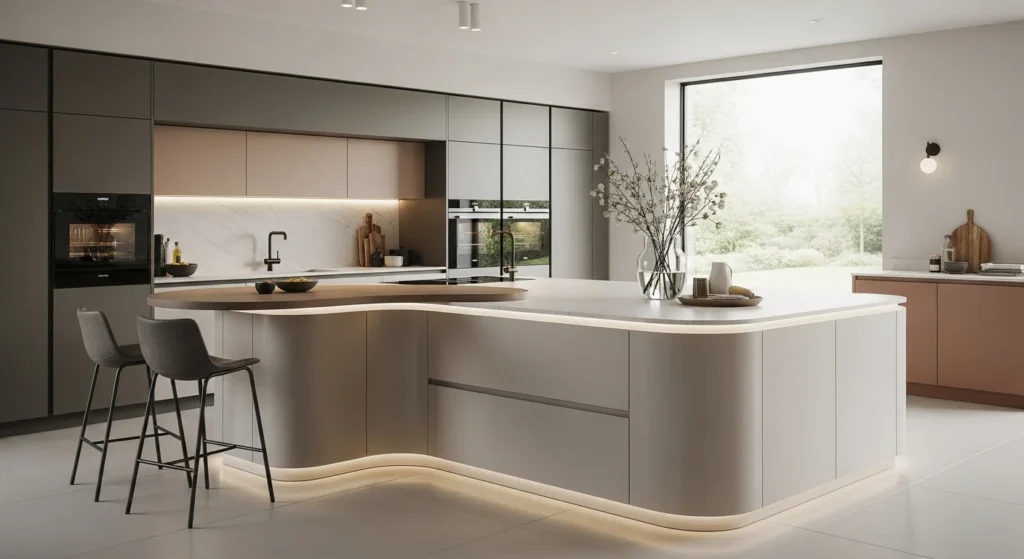 Contemporary kitchen featuring curved island edges and soft modern shapes.