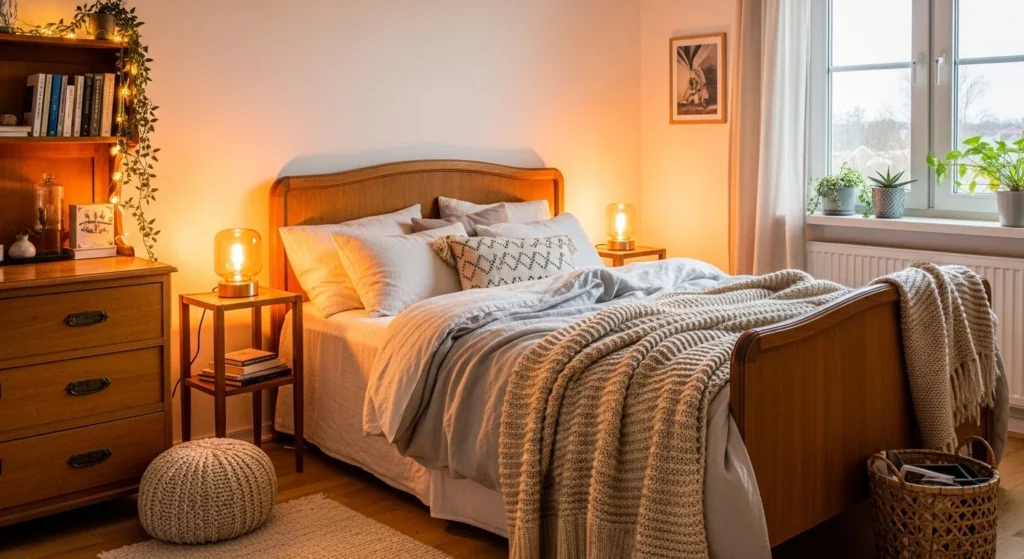 Cozy bedroom with vintage wooden furniture and warm nostalgic decor