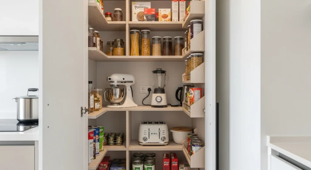 Pantry closet storing kitchen appliances and food items in organized layout