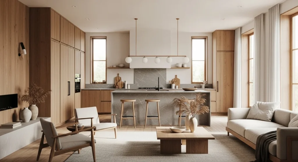 Calm Japandi open kitchen living room combining Japanese simplicity and Scandinavian warmth