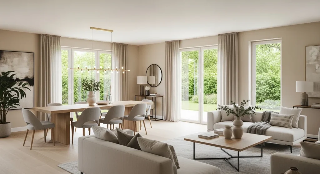 Open-plan dining area connected with living space using cohesive modern decor