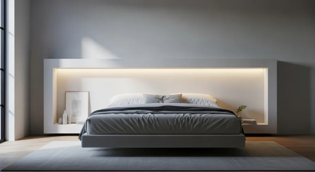 Modern minimalist bedroom featuring integrated headboard with lighting and storage