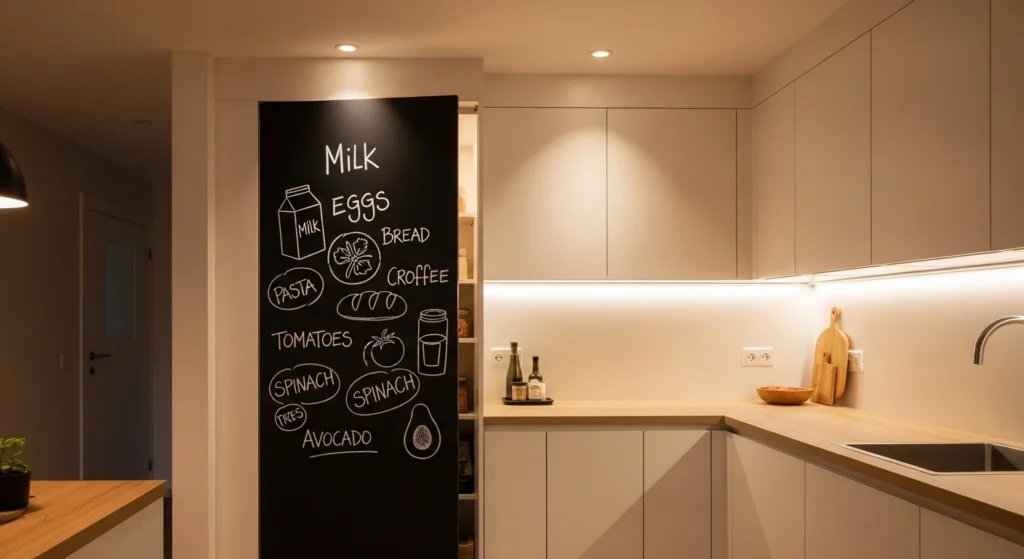 Hidden pantry door with chalkboard finish displaying grocery notes in a modern kitchen.