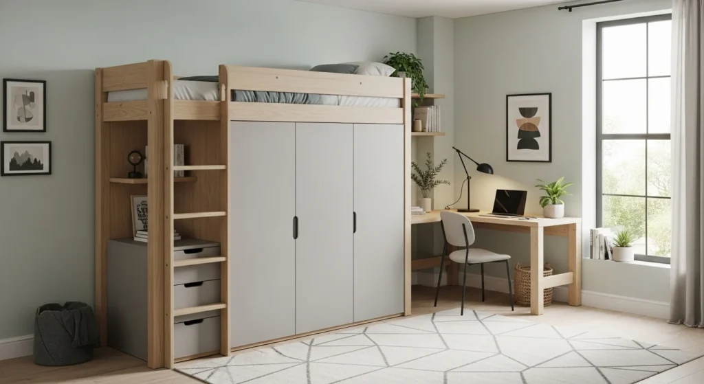 Loft bed with built-in wardrobe underneath, small modern 2026 bedroom with functional storage