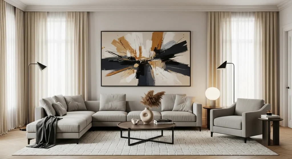 Apartment living room featuring modern wall art, neutral furniture, and stylish decor