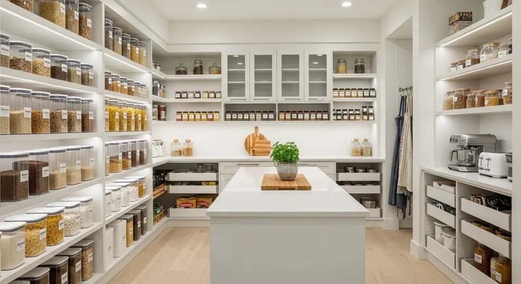 Walk-in pantry with color-coded containers for visually organized food storage