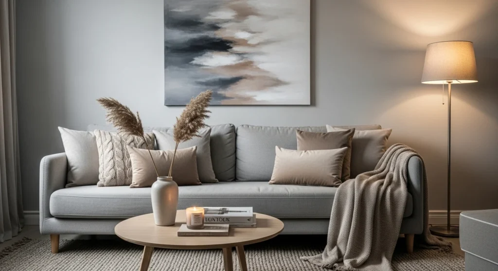 Gray living room layered with beige and taupe tones for a warm balanced interior