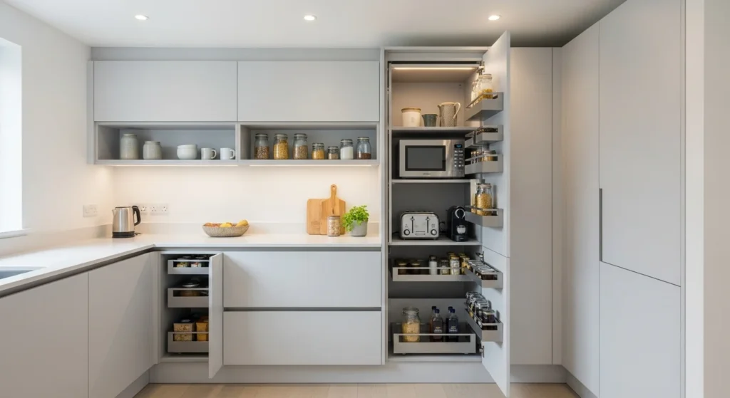 Pantry designed with hidden storage for kitchen appliances to reduce clutter