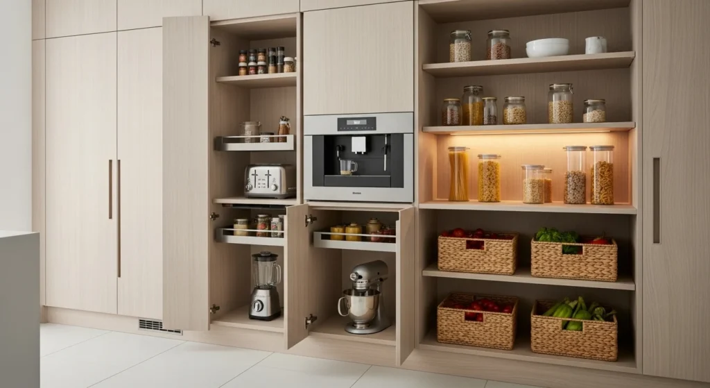 Kitchen food pantry designed with hidden storage for appliances to keep counters clear