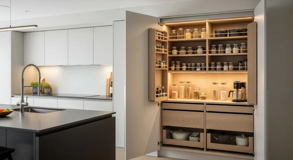 Pantry concealed with soft-close cabinet doors for quiet and smooth use