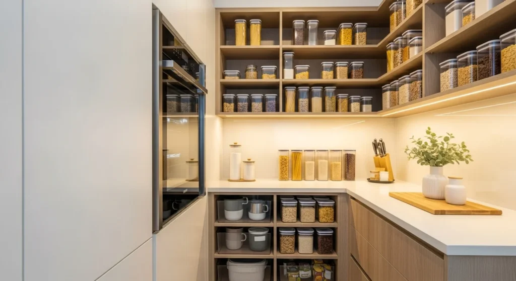 Food pantry designed with hidden storage for appliances to keep kitchen counters clear