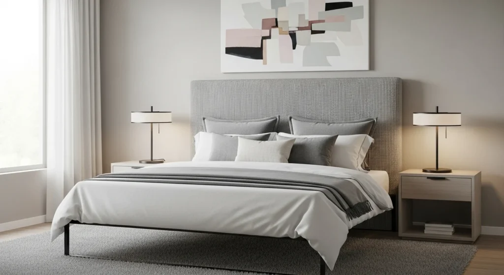 Modern bed with textured headboard adding depth and warmth to a neutral bedroom
