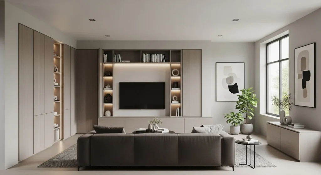 Parlor featuring built-in storage units for a clean and organized interior