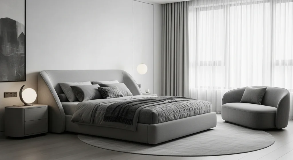 Calm grey bedroom designed for everyday comfort with balanced modern styling