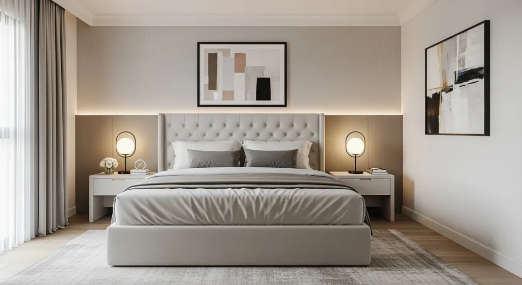 Guest bedroom styled with simple artwork adding personality and modern elegance